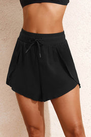 Black High Waisted Drawstring 2-in-1 Side Pocket Color Block Bikini Shorts - Fashion Queen -  1