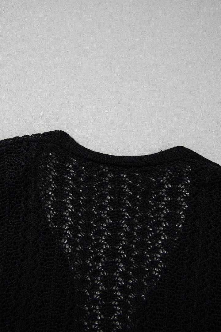 Black Hollow Out Knit Drop Shoulder Open Front Cardigan - Fashion Queen -  10