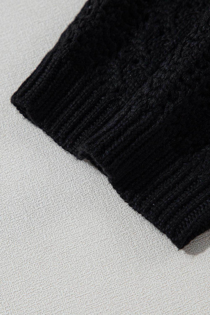 Black Hollow Out Knit Drop Shoulder Open Front Cardigan - Fashion Queen -  11