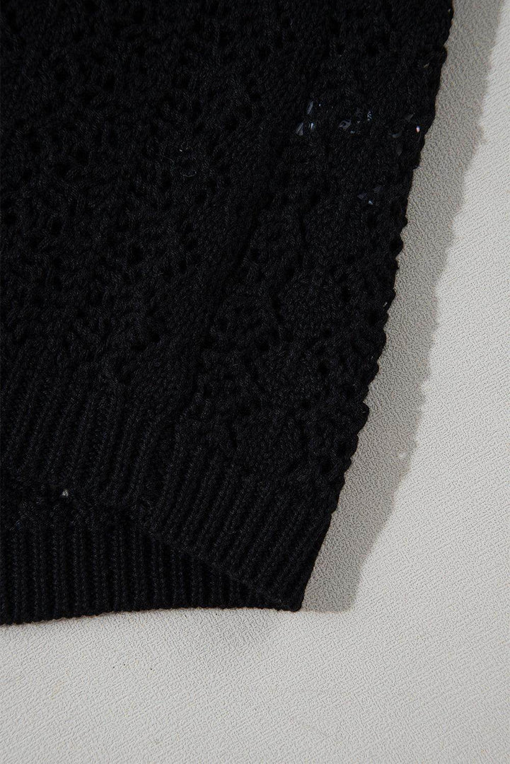 Black Hollow Out Knit Drop Shoulder Open Front Cardigan - Fashion Queen -  12