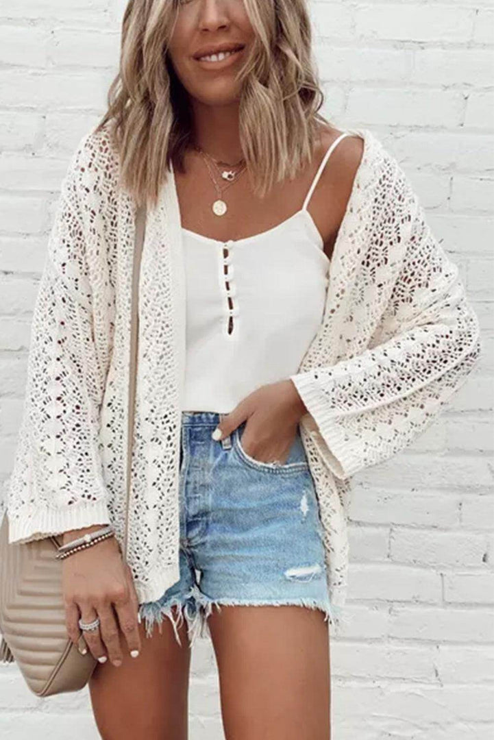 Black Hollow Out Knit Drop Shoulder Open Front Cardigan - Fashion Queen -  14