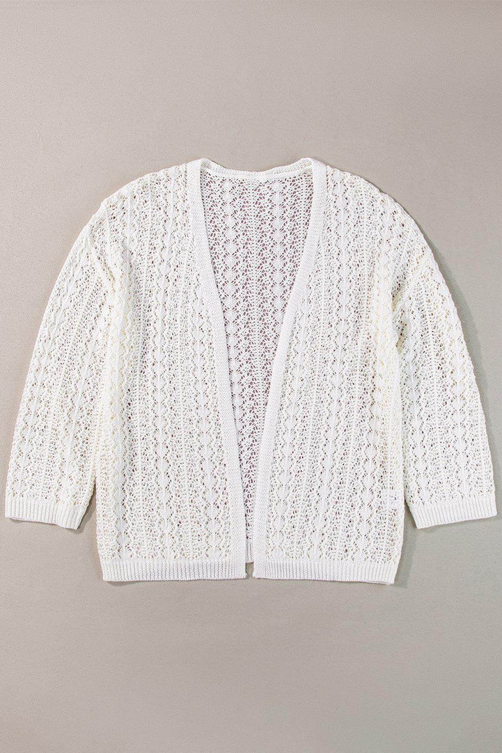 Black Hollow Out Knit Drop Shoulder Open Front Cardigan - Fashion Queen -  15
