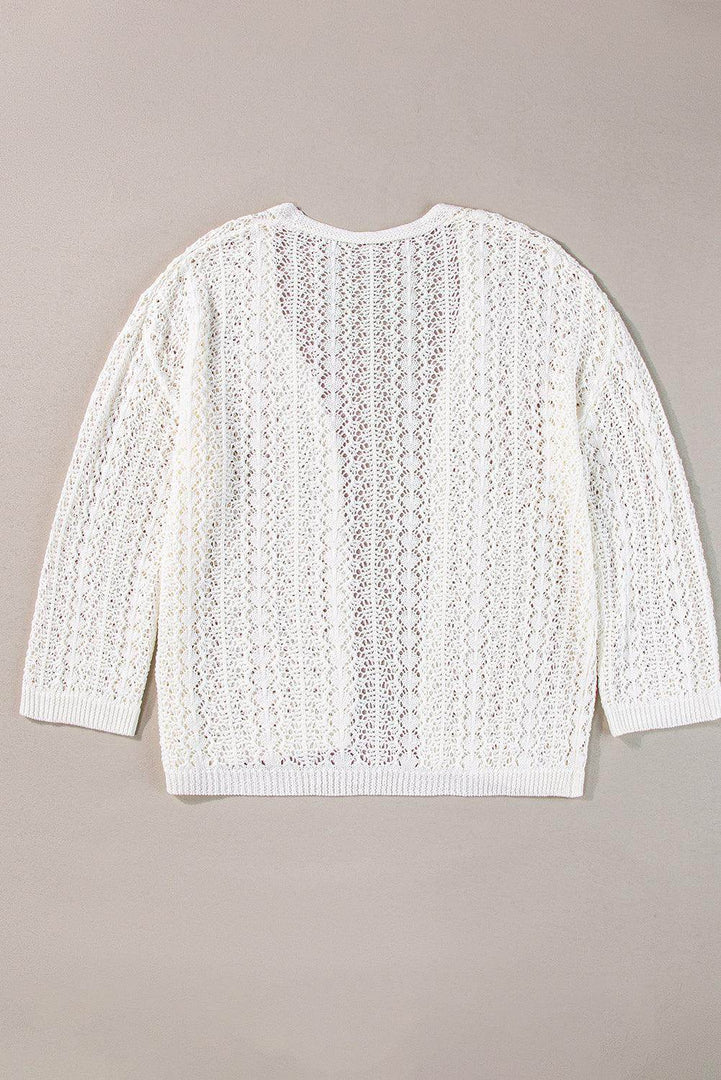 Black Hollow Out Knit Drop Shoulder Open Front Cardigan - Fashion Queen -  16