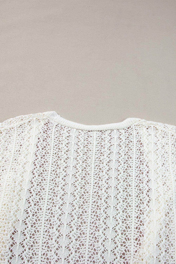 Black Hollow Out Knit Drop Shoulder Open Front Cardigan - Fashion Queen -  18
