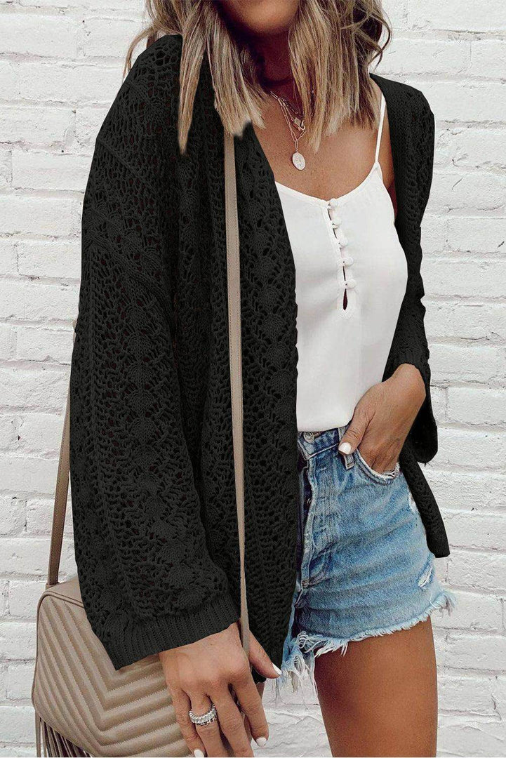 Black Hollow Out Knit Drop Shoulder Open Front Cardigan - Fashion Queen -  2