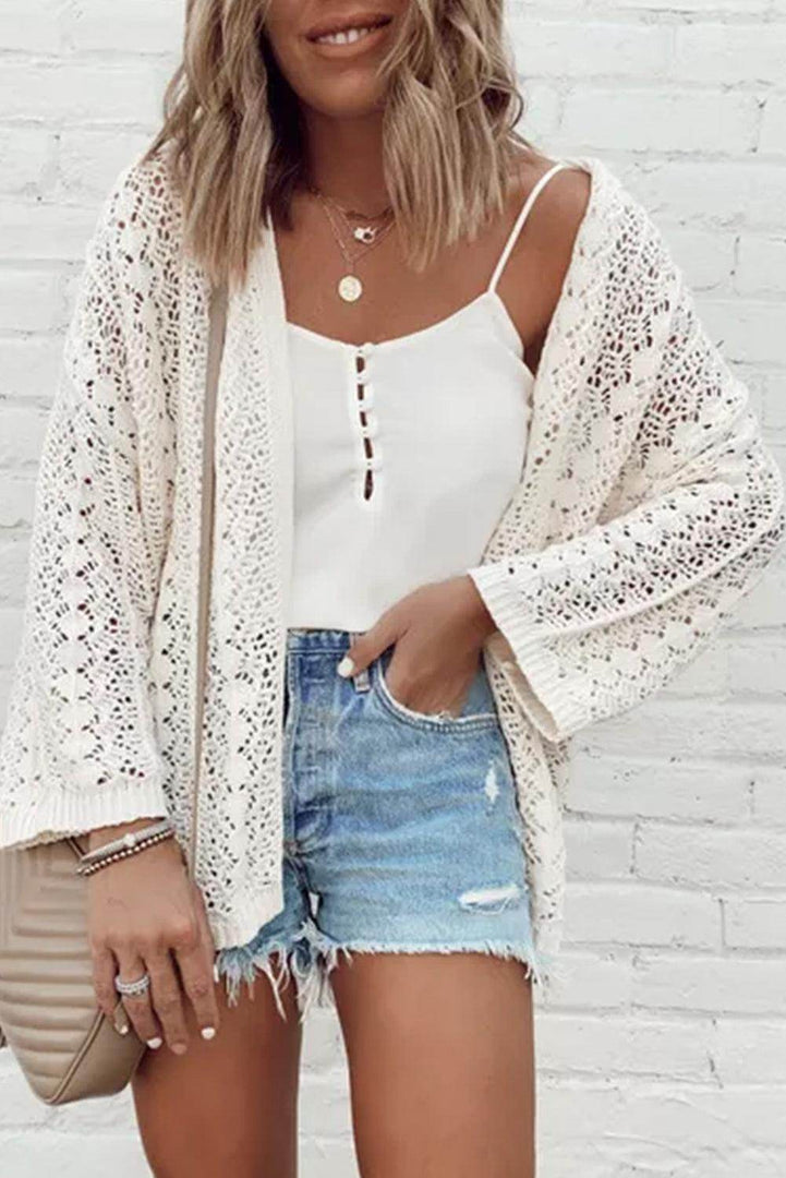 Black Hollow Out Knit Drop Shoulder Open Front Cardigan - Fashion Queen -  4
