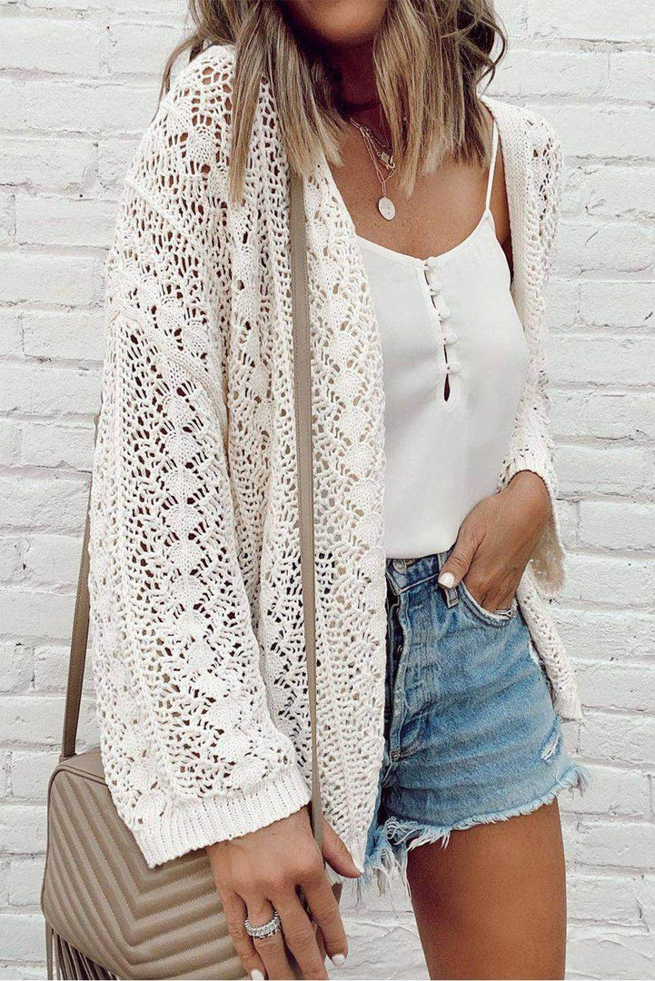 Black Hollow Out Knit Drop Shoulder Open Front Cardigan - Fashion Queen -  5