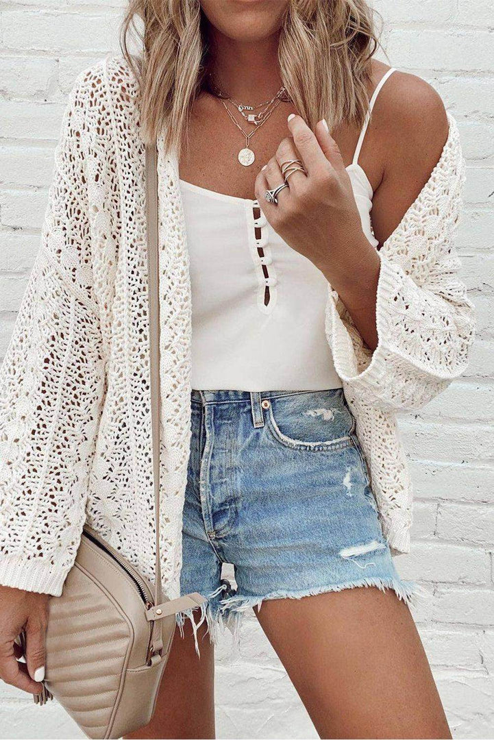 Black Hollow Out Knit Drop Shoulder Open Front Cardigan - Fashion Queen -  6