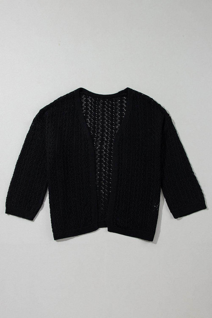 Black Hollow Out Knit Drop Shoulder Open Front Cardigan - Fashion Queen -  7