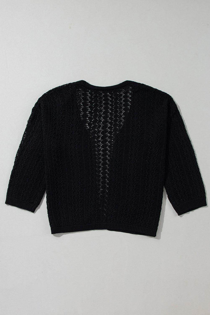 Black Hollow Out Knit Drop Shoulder Open Front Cardigan - Fashion Queen -  8
