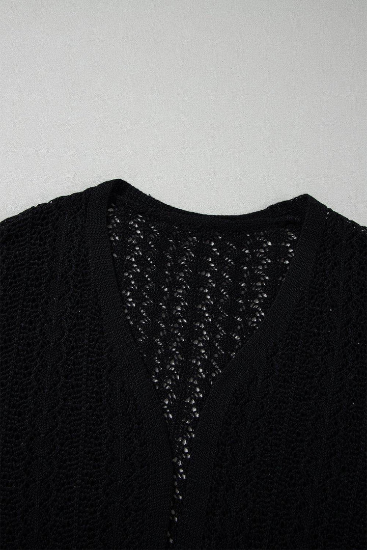 Black Hollow Out Knit Drop Shoulder Open Front Cardigan - Fashion Queen -  9