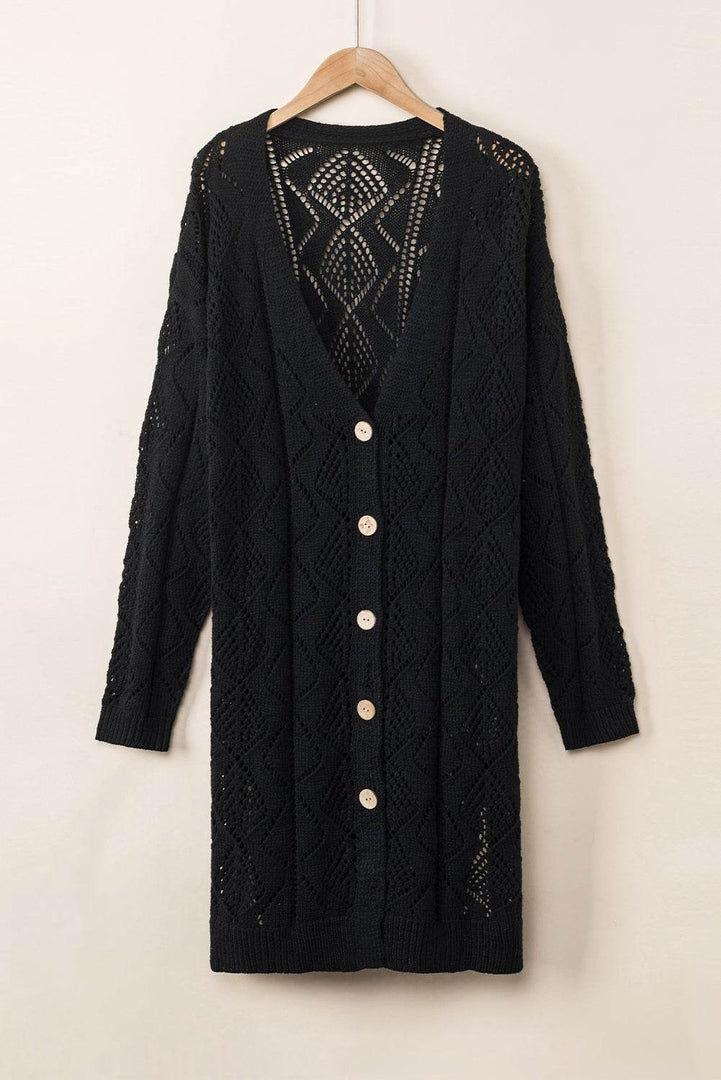 Black Hollow-out Openwork Knit Cardigan - Fashion Queen -  4