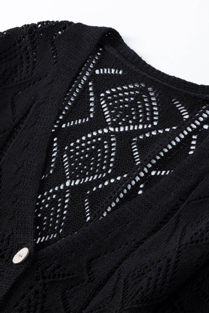 Black Hollow-out Openwork Knit Cardigan - Fashion Queen -  6