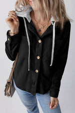 Load image into Gallery viewer, Black Hooded Drawstring Pockets Corduroy Shacket - Fashion Queen -  1
