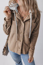 Load image into Gallery viewer, Black Hooded Drawstring Pockets Corduroy Shacket - Fashion Queen -  10
