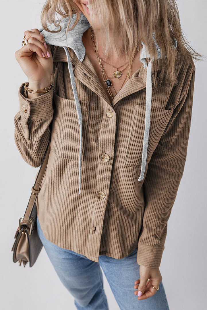 Black Hooded Drawstring Pockets Corduroy Shacket - Fashion Queen -  10