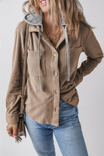 Load image into Gallery viewer, Black Hooded Drawstring Pockets Corduroy Shacket - Fashion Queen -  12
