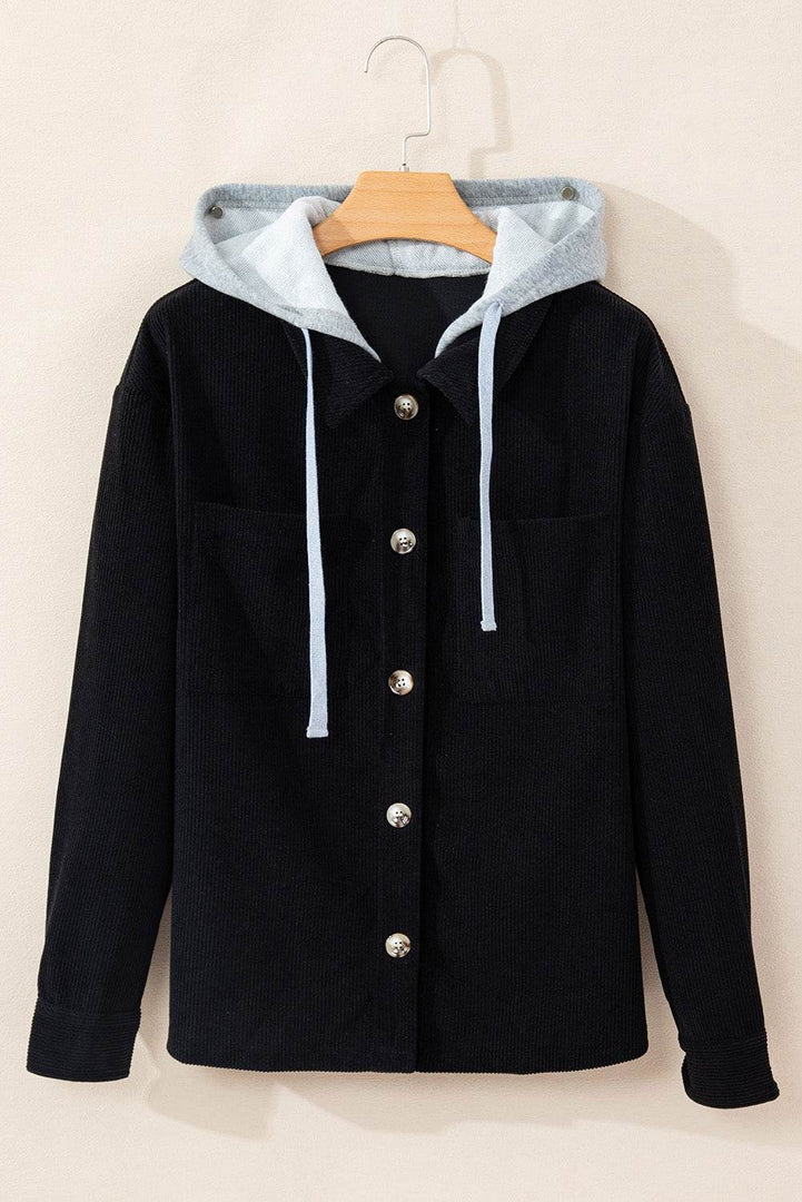 Black Hooded Drawstring Pockets Corduroy Shacket - Fashion Queen -  13