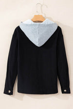 Load image into Gallery viewer, Black Hooded Drawstring Pockets Corduroy Shacket - Fashion Queen -  14
