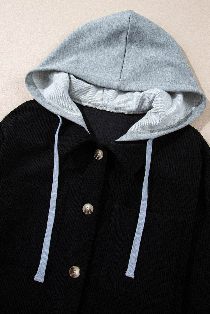 Black Hooded Drawstring Pockets Corduroy Shacket - Fashion Queen -  15