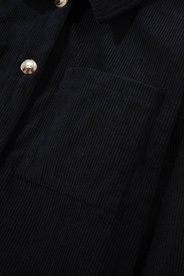 Black Hooded Drawstring Pockets Corduroy Shacket - Fashion Queen -  16