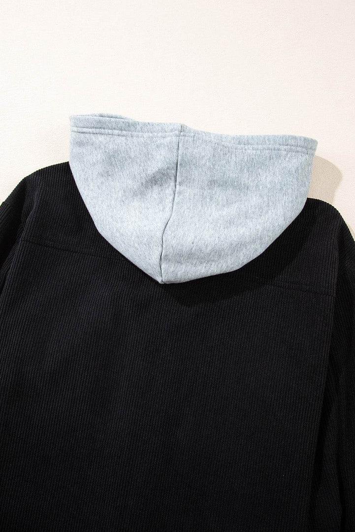 Black Hooded Drawstring Pockets Corduroy Shacket - Fashion Queen -  22