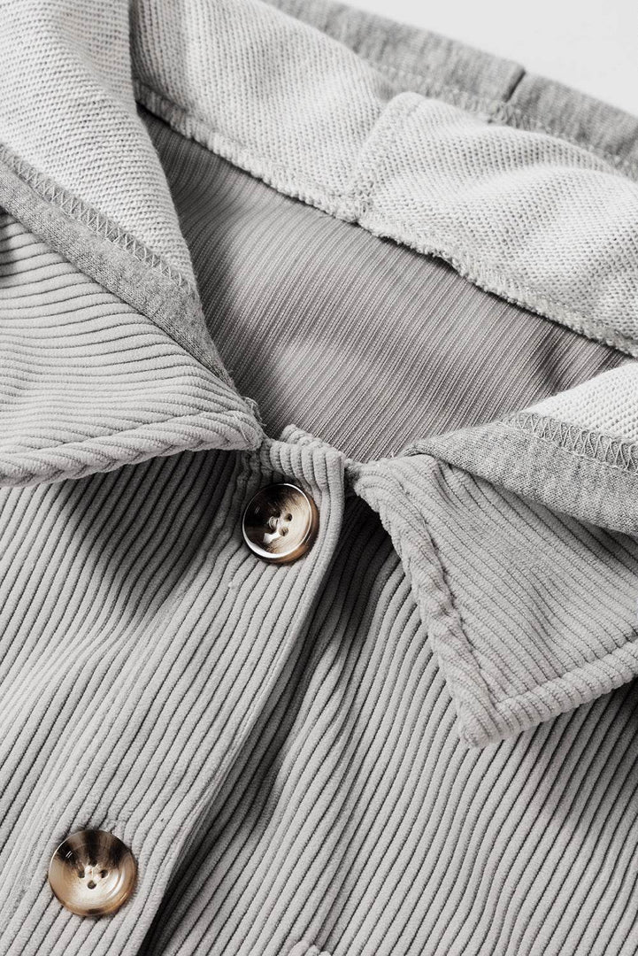 Black Hooded Drawstring Pockets Corduroy Shacket - Fashion Queen -  25