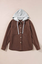 Load image into Gallery viewer, Black Hooded Drawstring Pockets Corduroy Shacket - Fashion Queen -  29
