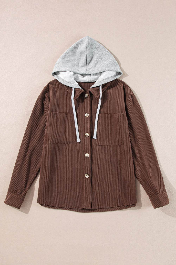 Black Hooded Drawstring Pockets Corduroy Shacket - Fashion Queen -  29