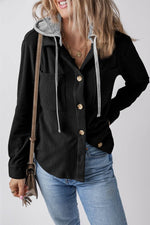 Load image into Gallery viewer, Black Hooded Drawstring Pockets Corduroy Shacket - Fashion Queen -  3
