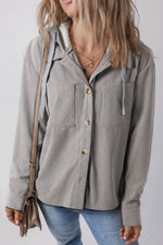Load image into Gallery viewer, Black Hooded Drawstring Pockets Corduroy Shacket - Fashion Queen -  4
