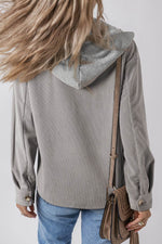 Load image into Gallery viewer, Black Hooded Drawstring Pockets Corduroy Shacket - Fashion Queen -  5
