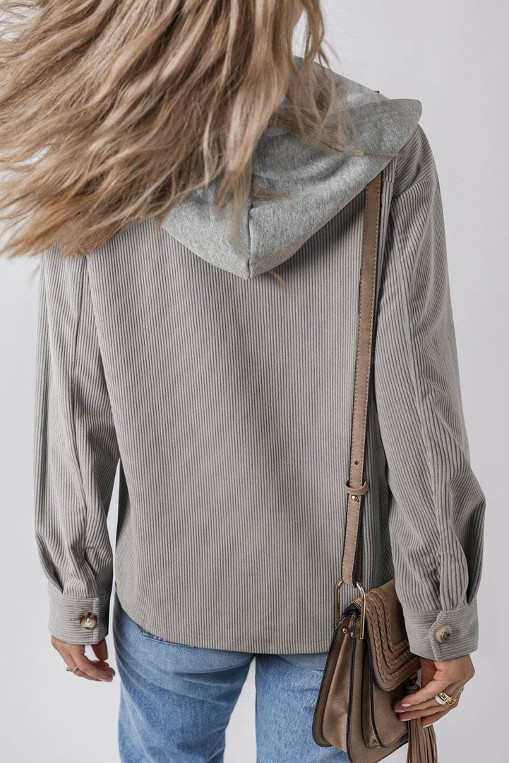 Black Hooded Drawstring Pockets Corduroy Shacket - Fashion Queen -  5