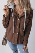 Load image into Gallery viewer, Black Hooded Drawstring Pockets Corduroy Shacket - Fashion Queen -  7
