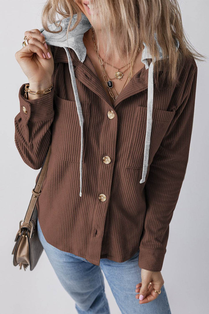 Black Hooded Drawstring Pockets Corduroy Shacket - Fashion Queen -  7