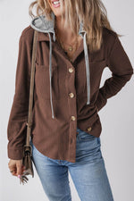 Load image into Gallery viewer, Black Hooded Drawstring Pockets Corduroy Shacket - Fashion Queen -  9
