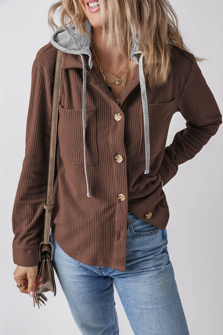 Black Hooded Drawstring Pockets Corduroy Shacket - Fashion Queen -  9