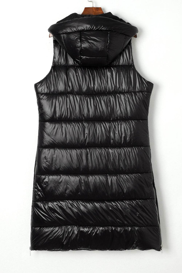 Black Hooded Long Quilted Vest Coat - Fashion Queen -  15