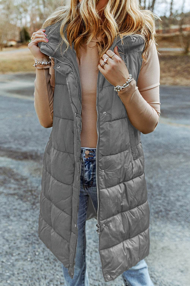 Black Hooded Long Quilted Vest Coat - Fashion Queen -  22