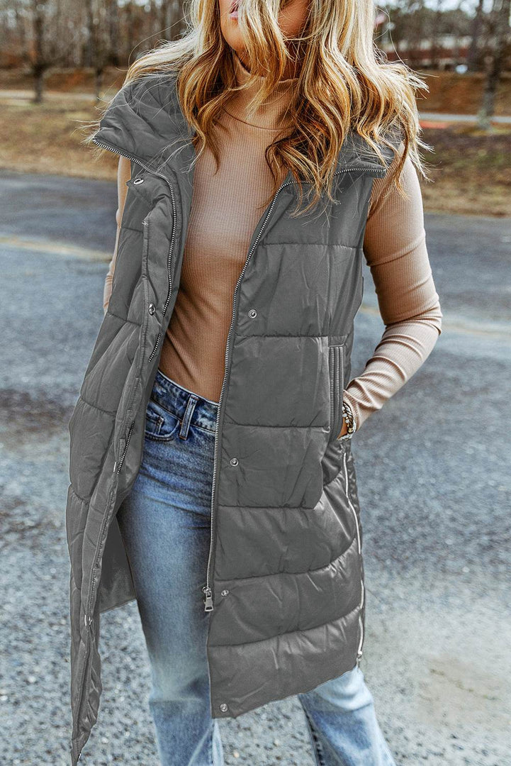 Black Hooded Long Quilted Vest Coat - Fashion Queen -  23