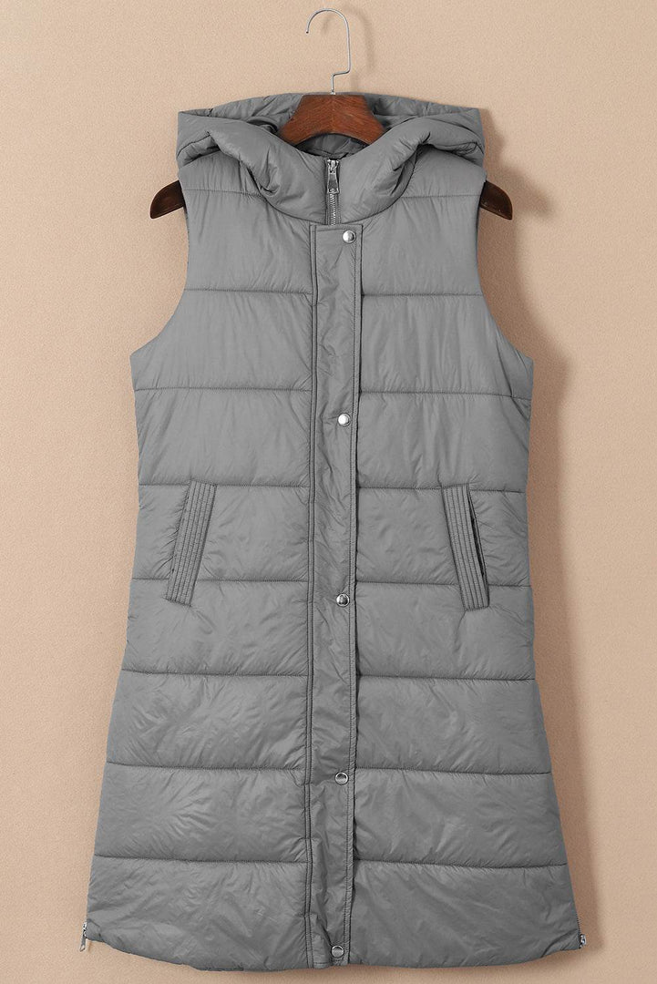 Black Hooded Long Quilted Vest Coat - Fashion Queen -  24