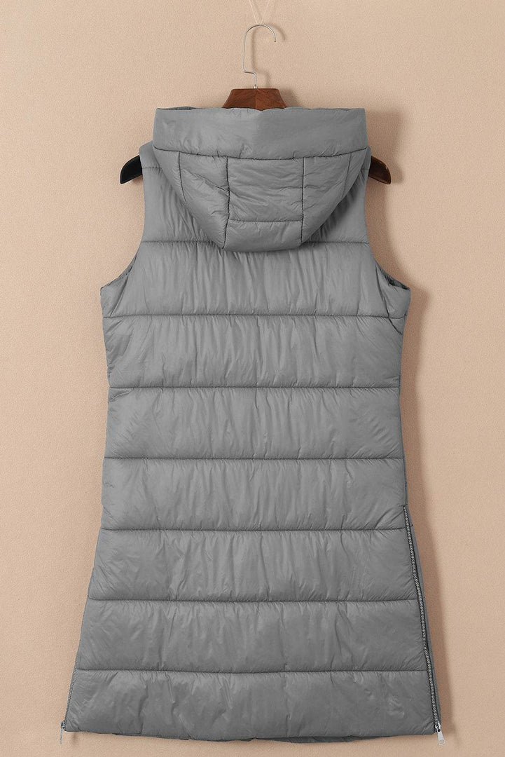 Black Hooded Long Quilted Vest Coat - Fashion Queen -  25