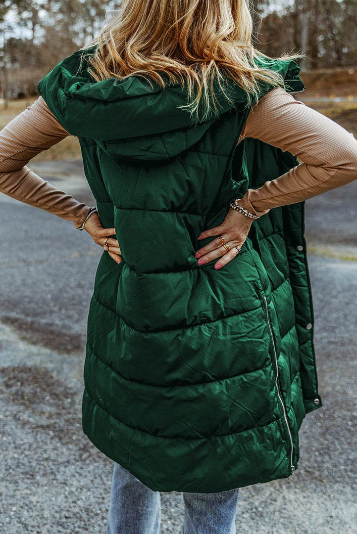 Black Hooded Long Quilted Vest Coat - Fashion Queen -  5