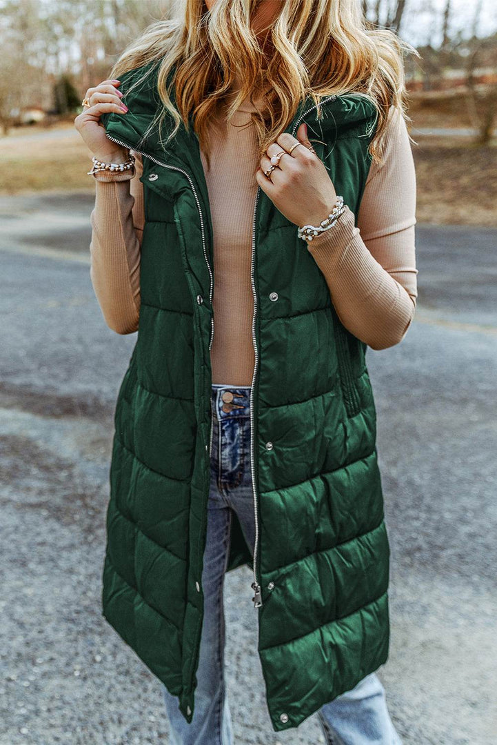 Black Hooded Long Quilted Vest Coat - Fashion Queen -  6