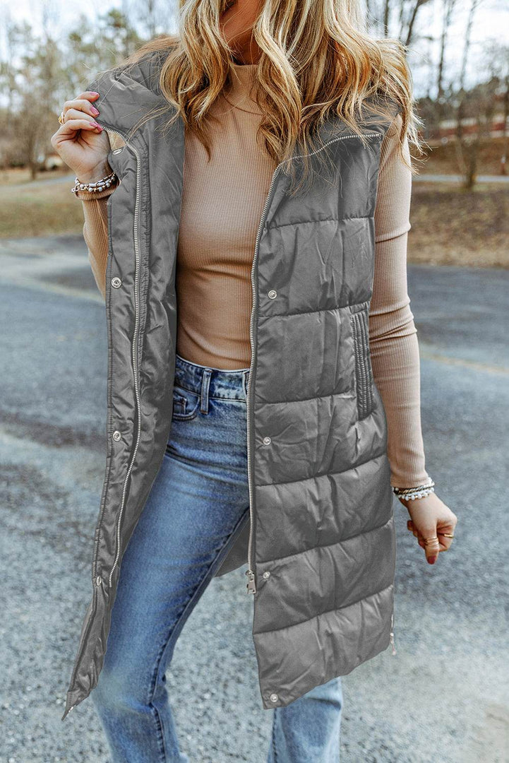 Black Hooded Long Quilted Vest Coat - Fashion Queen -  7