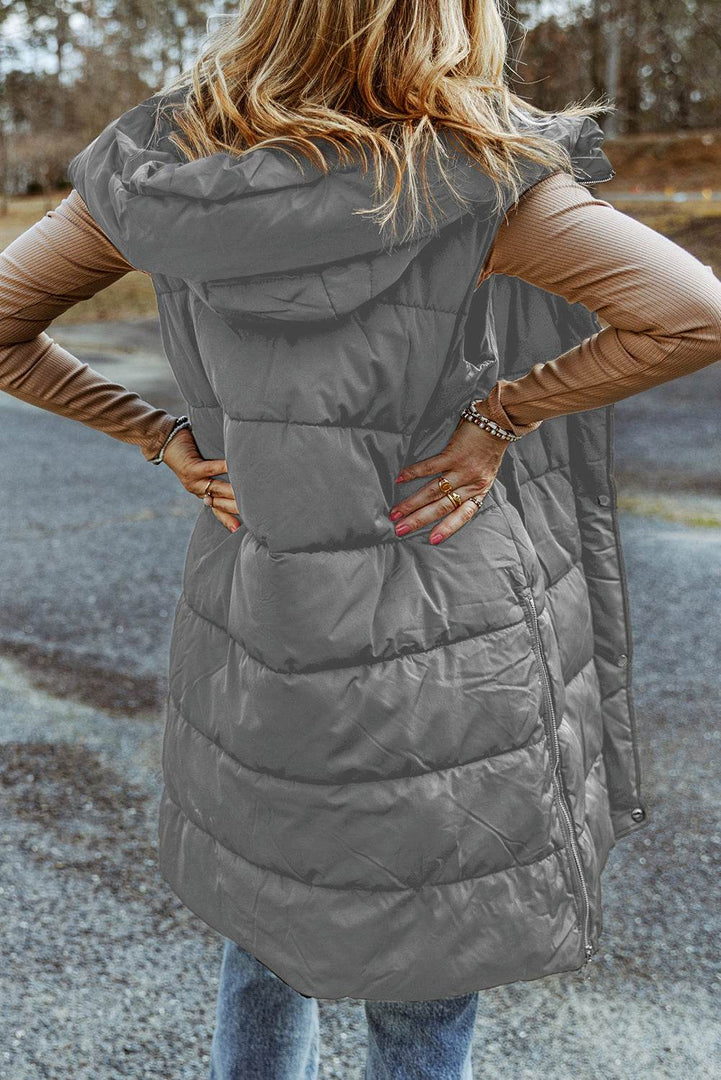 Black Hooded Long Quilted Vest Coat - Fashion Queen -  8