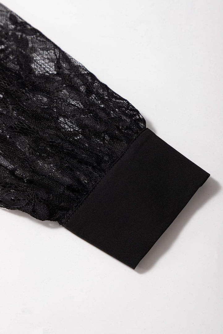 Black Keyhole Neckline Floral Lace Raglan Sleeve Blouse - Fashion Queen -  13