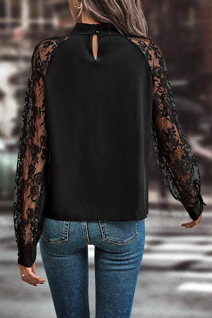 Black Keyhole Neckline Floral Lace Raglan Sleeve Blouse - Fashion Queen -  2