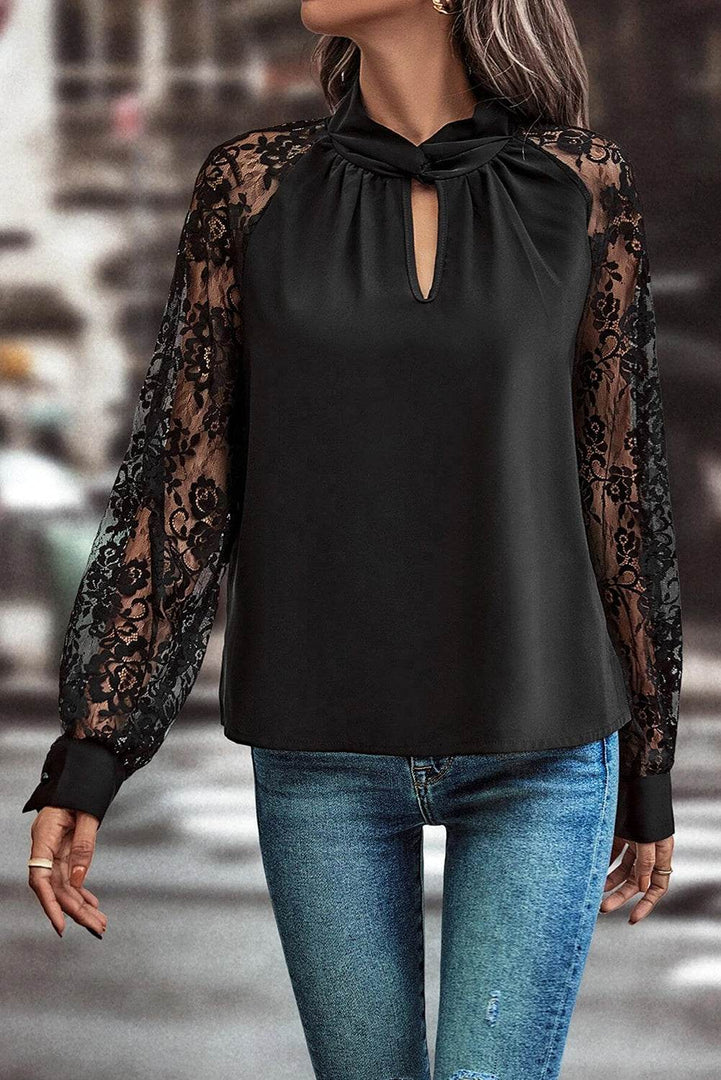 Black Keyhole Neckline Floral Lace Raglan Sleeve Blouse - Fashion Queen -  6