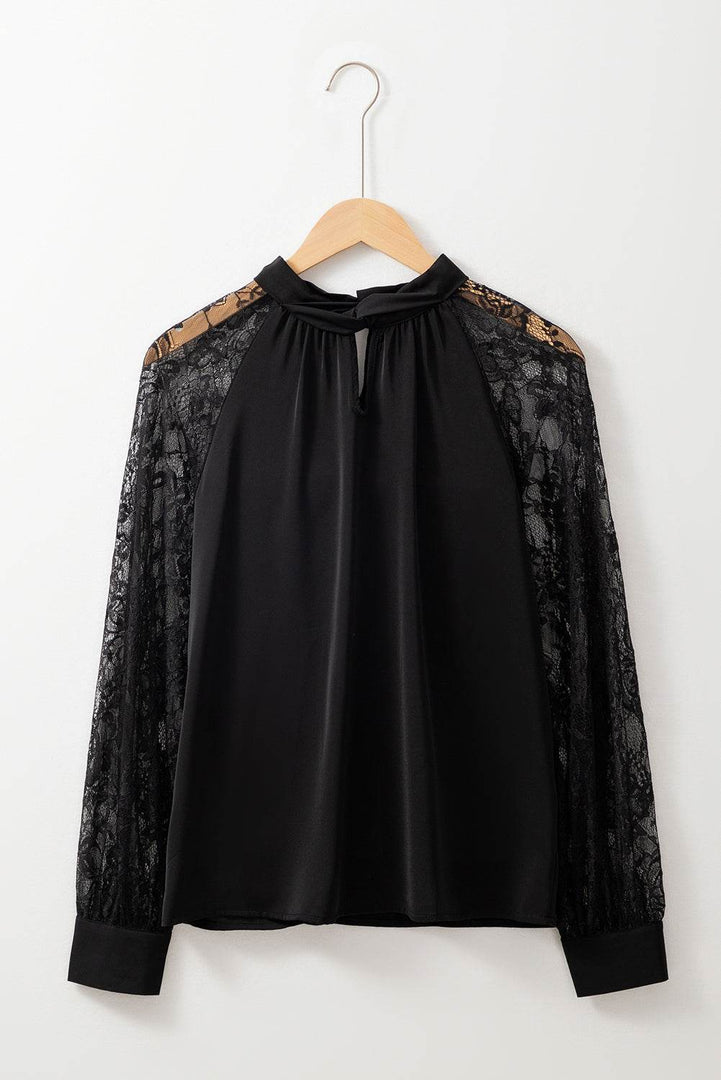 Black Keyhole Neckline Floral Lace Raglan Sleeve Blouse - Fashion Queen -  8